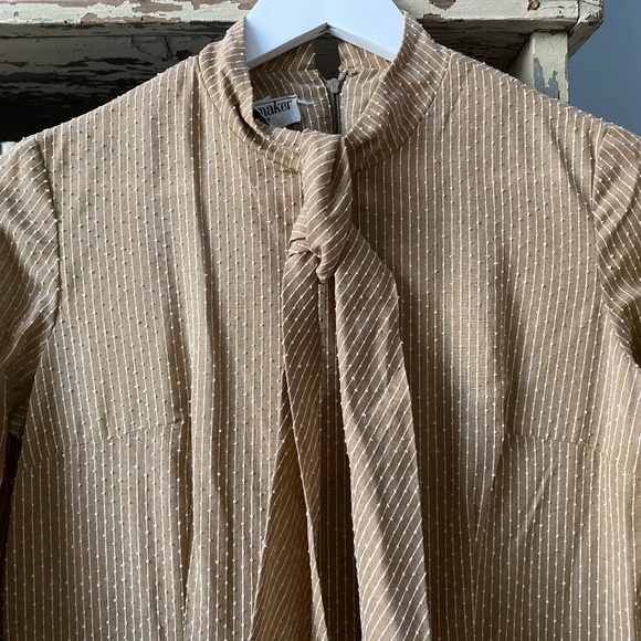 60s/70s Size S Mini Dress Neck Tie Linen Skirt Gold Beige Bodice - Picture 5 of 16